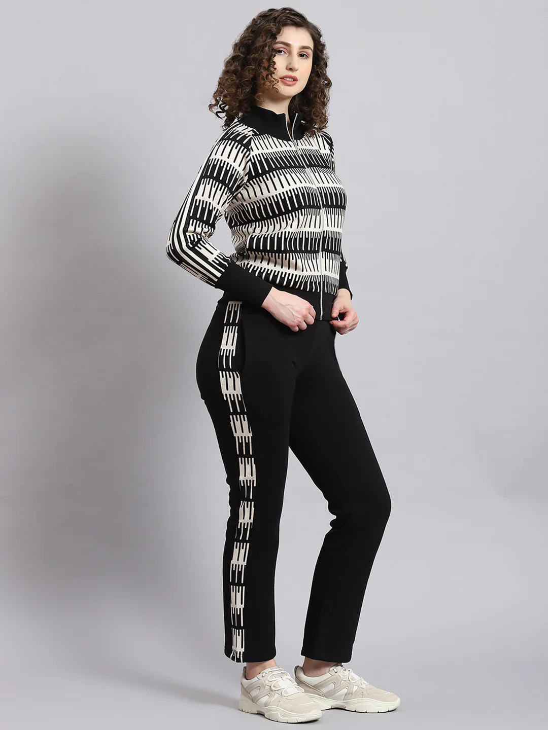 Women Black Printed Stand Collar Full Sleeve Tracksuit - Image 3