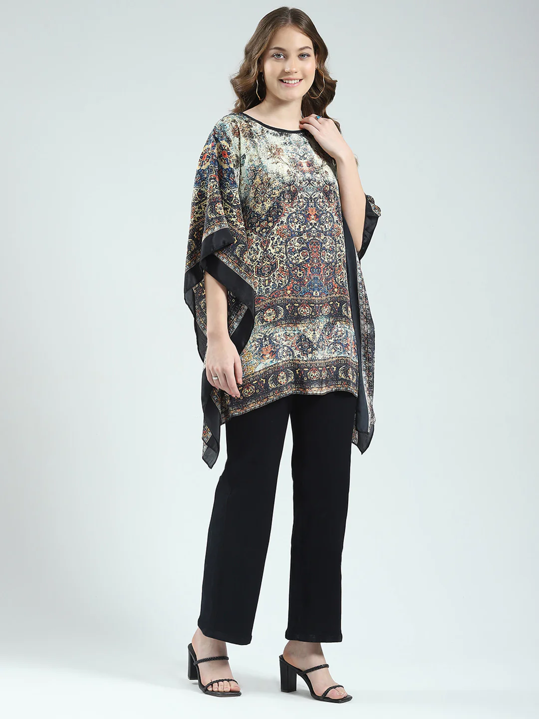 Women Black Printed Round Neck 3/4th Sleeve Poncho - Image 4