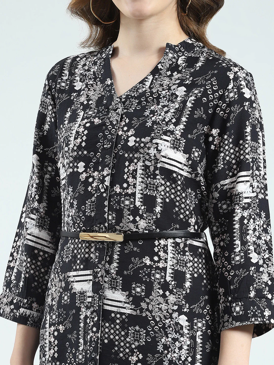 Women Black Printed Round Neck 3/4th Sleeve Tunic - Image 7