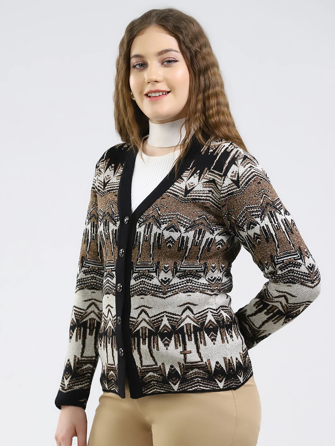 Women Black Printed V Neck Full Sleeve Cardigan - Image 3
