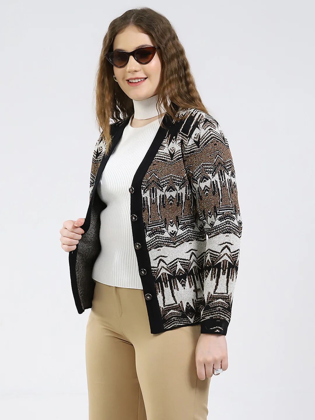 Women Black Printed V Neck Full Sleeve Cardigan - Image 6