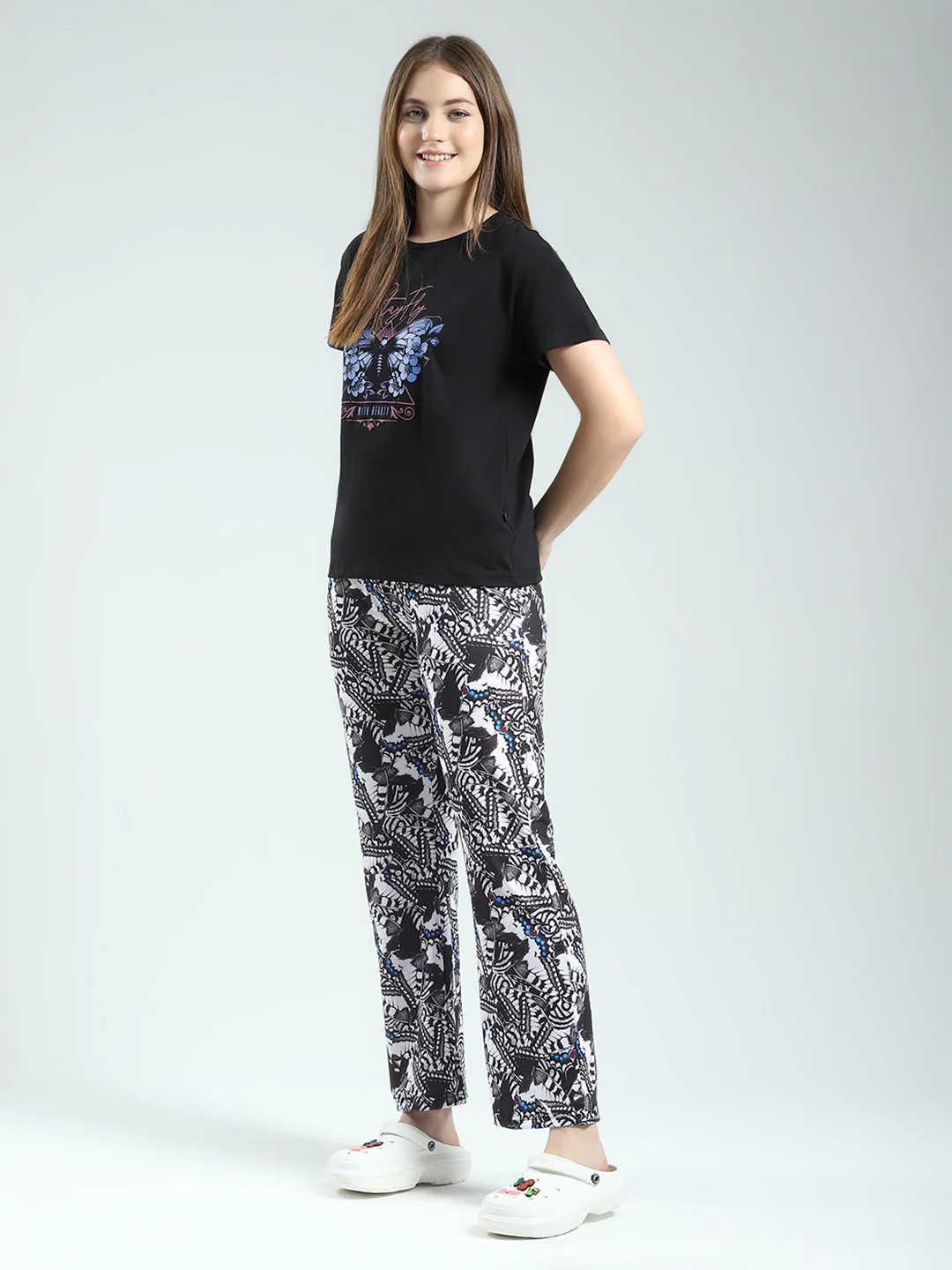 Women Black Printed Round Neck Half Sleeve Lower Set - Image 3