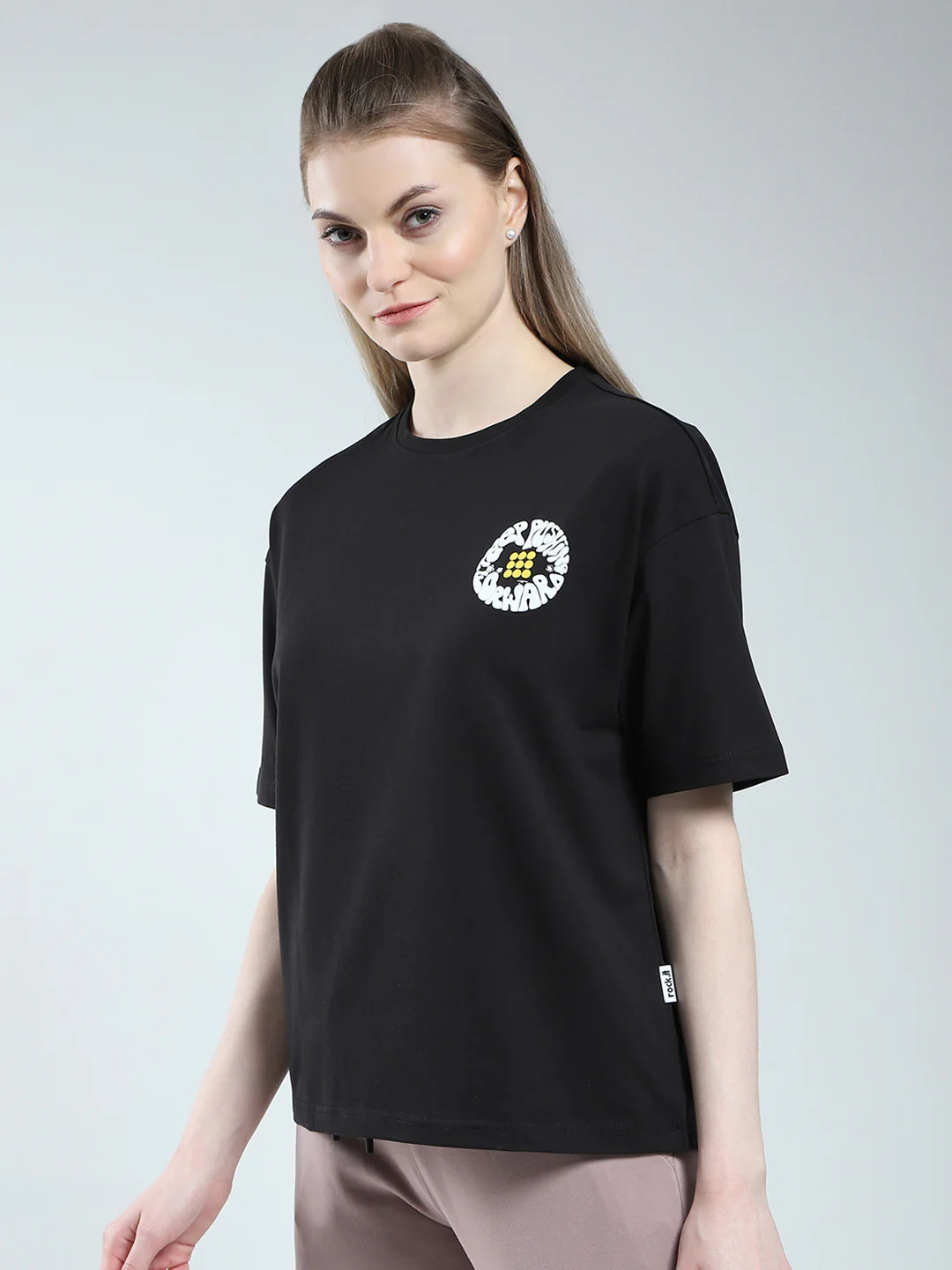Rock.it Women Black Printed Round Neck Half Sleeve Top - Image 3