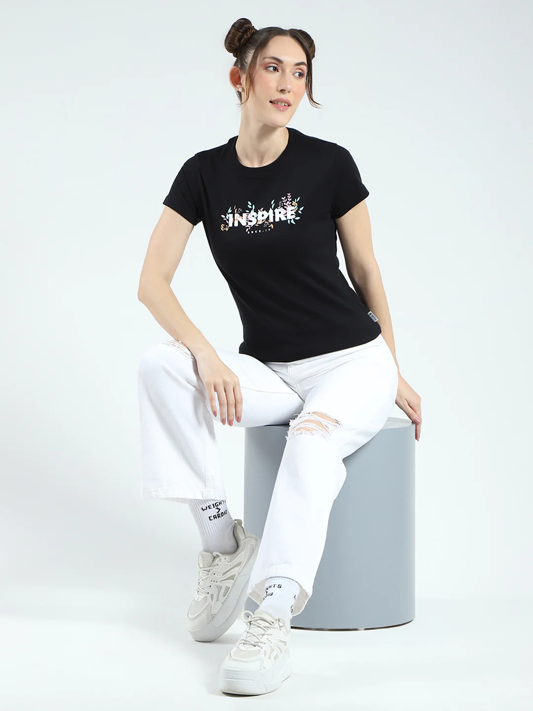 Rock.it Women Black Printed Round Neck Half Sleeve Top - Image 2
