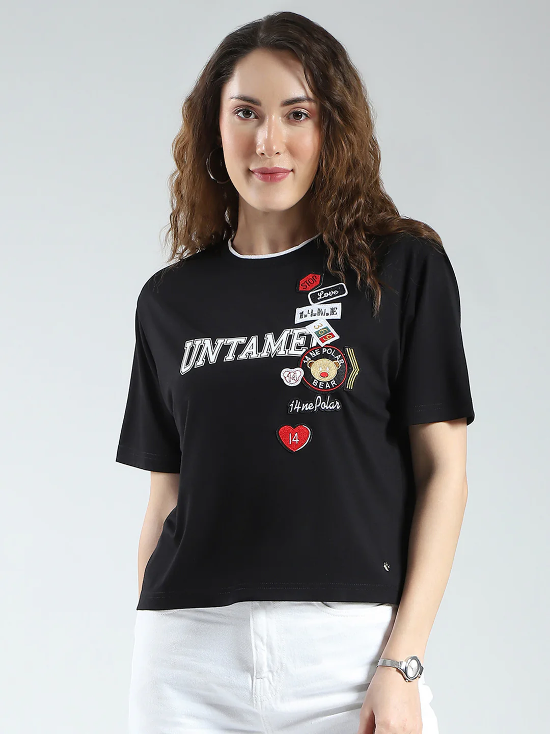 Women Black Printed Round Neck Half Sleeve Top