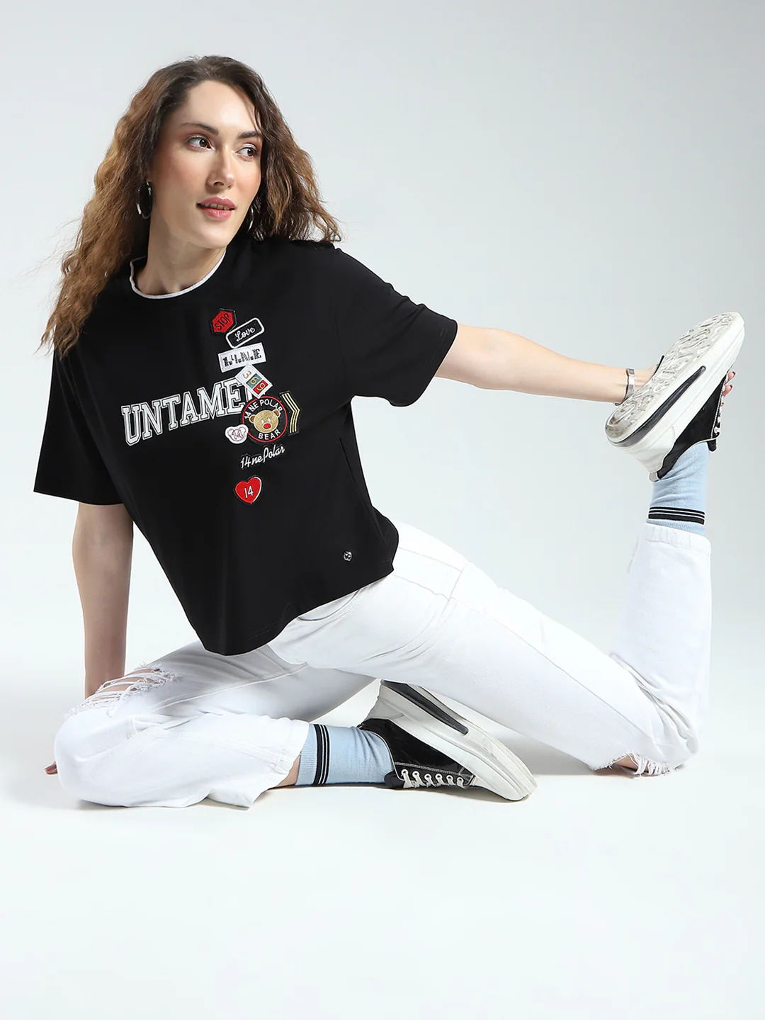 Women Black Printed Round Neck Half Sleeve Top - Image 2