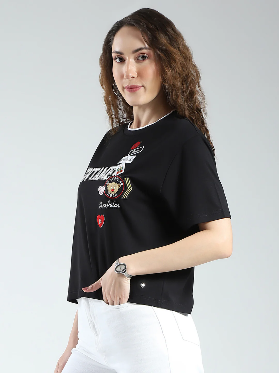 Women Black Printed Round Neck Half Sleeve Top - Image 3