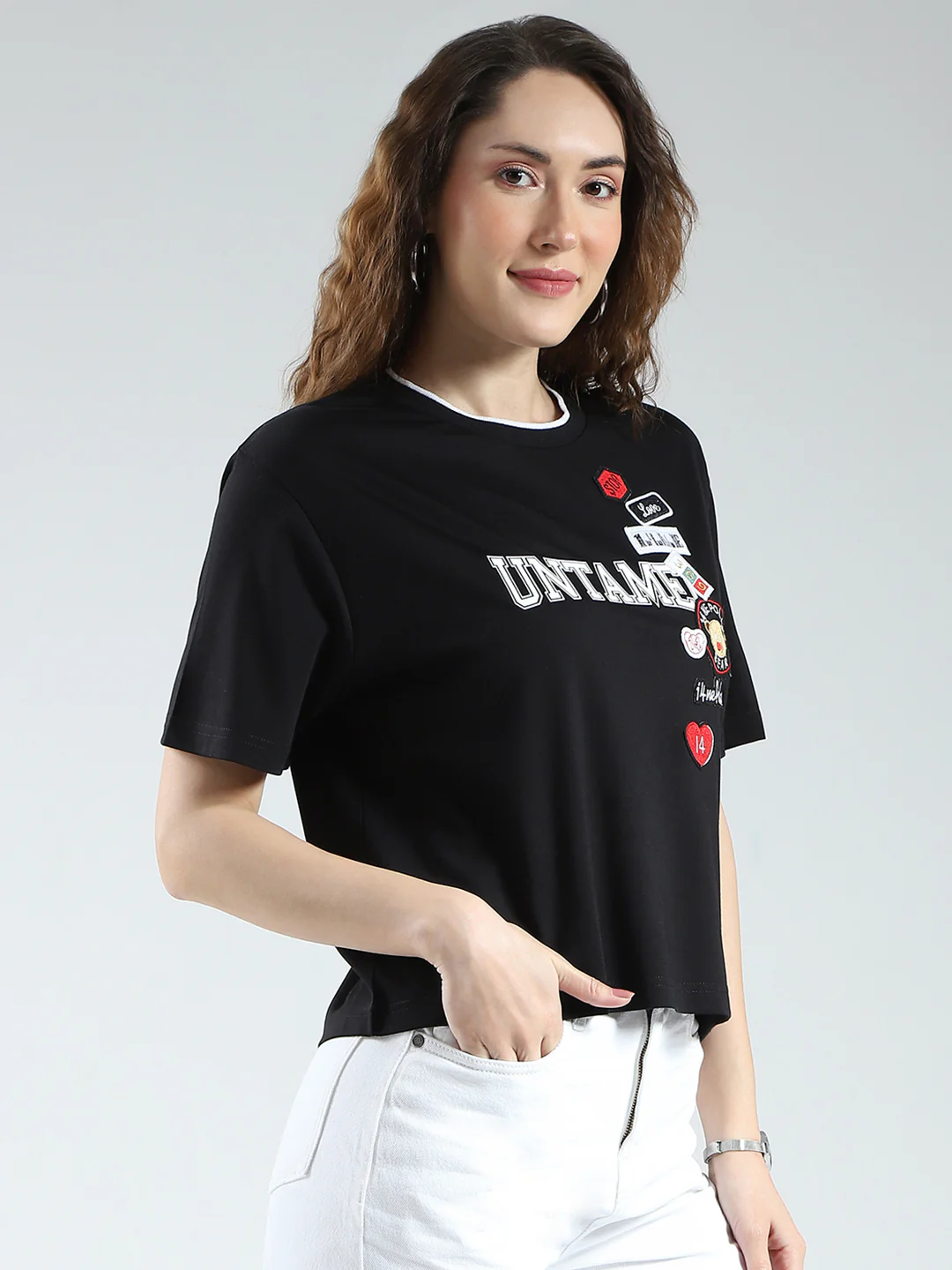 Women Black Printed Round Neck Half Sleeve Top - Image 4