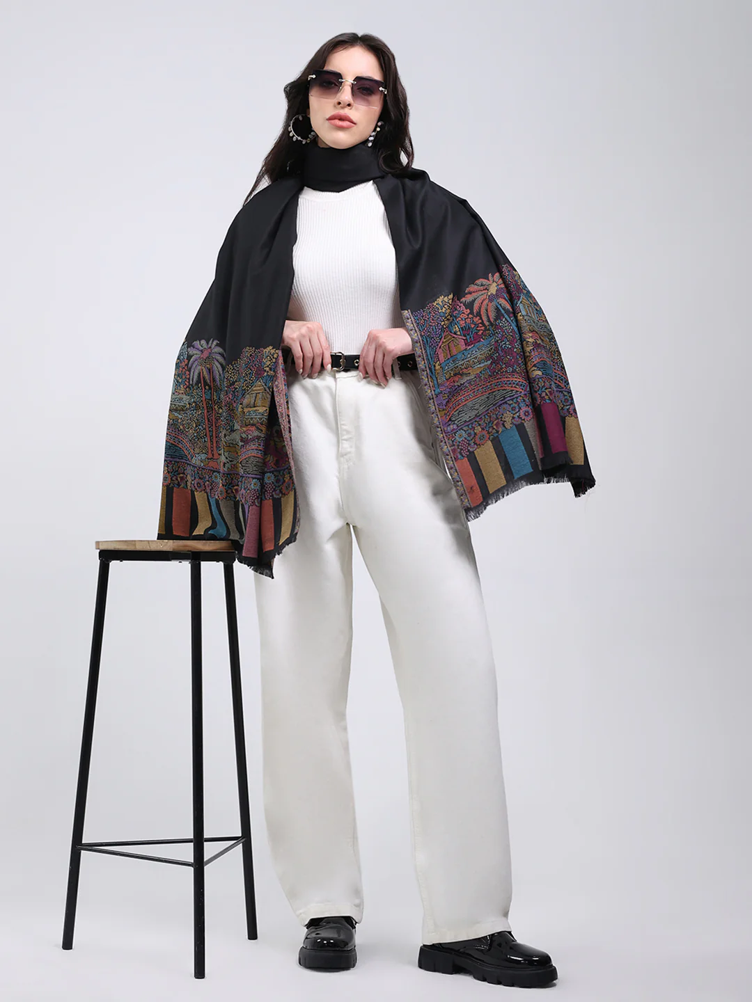 Women Black Printed Wool Blend Shawl - Image 2