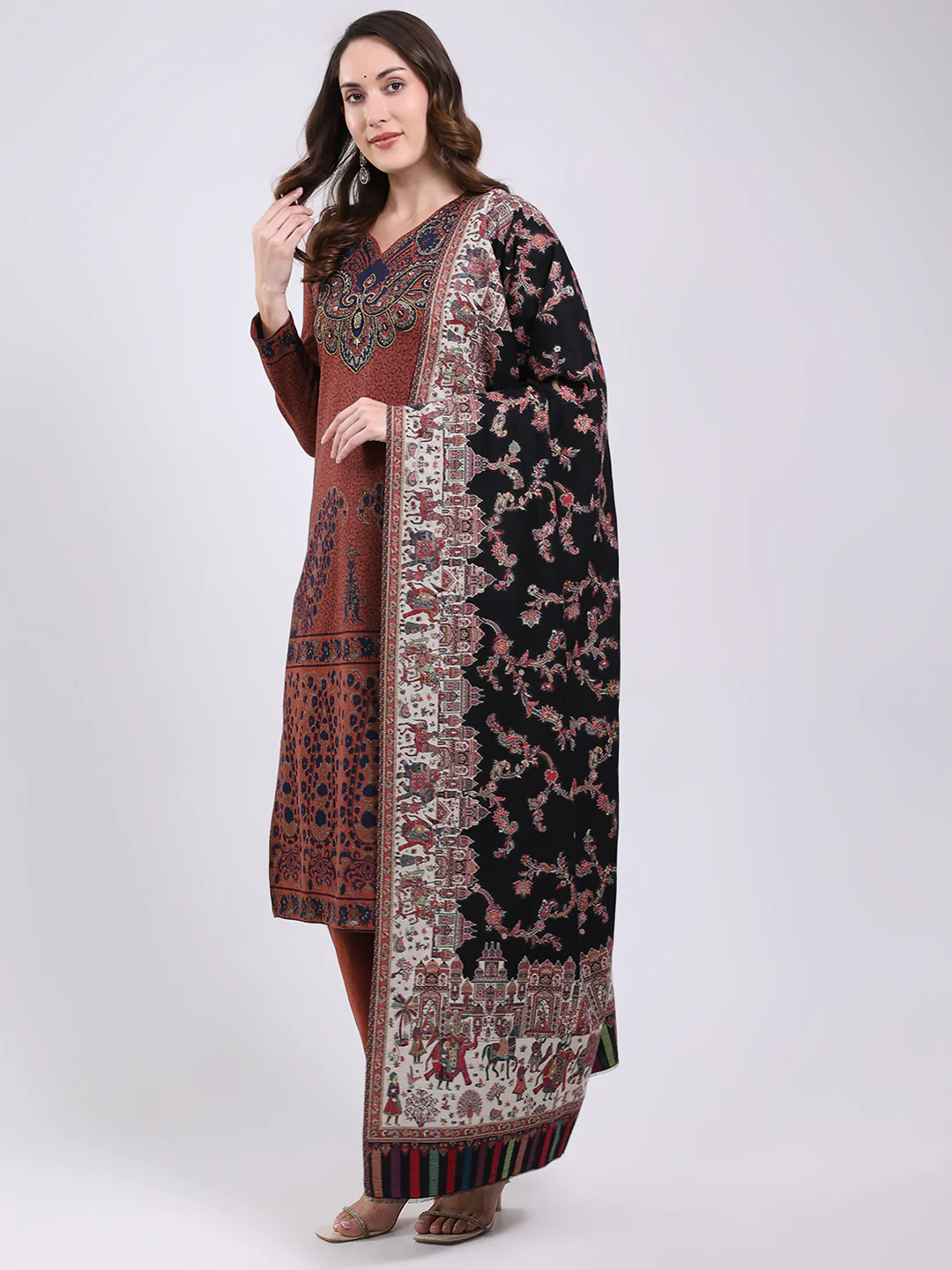 Women Black Printed Wool Blend Shawl - Image 3