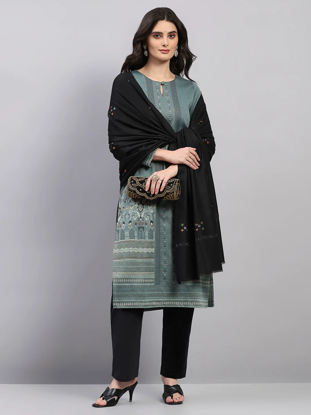 Women Black Printed Wool Blend Shawl - Image 2