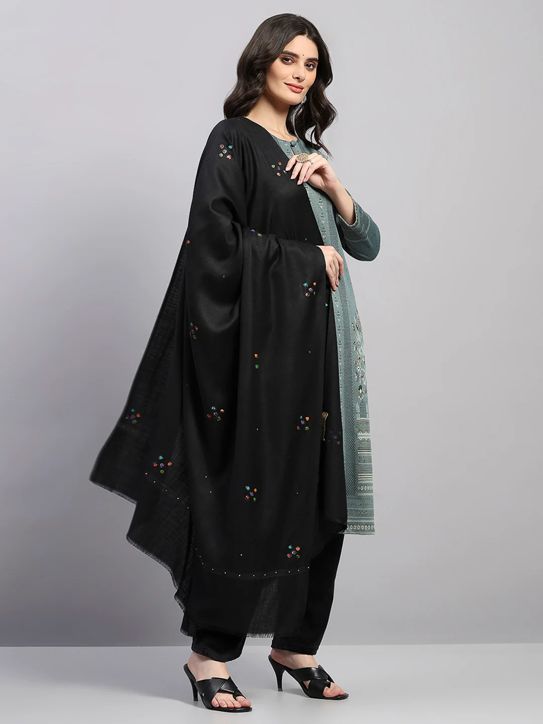 Women Black Printed Wool Blend Shawl - Image 4