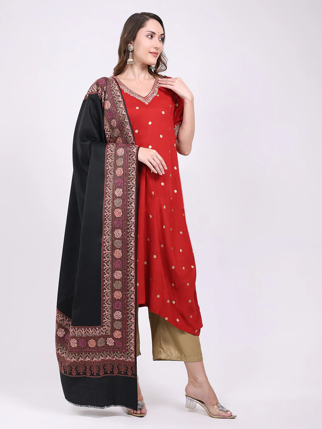 Women Black Printed Wool Blend Shawl - Image 4