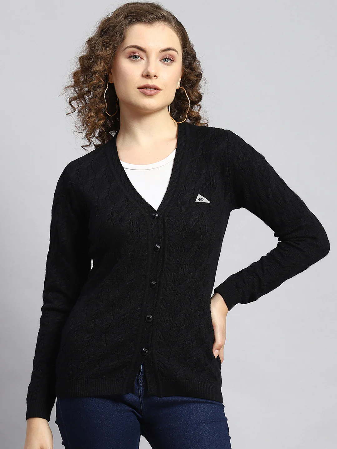 Women Black Self Cardigan - Image 2