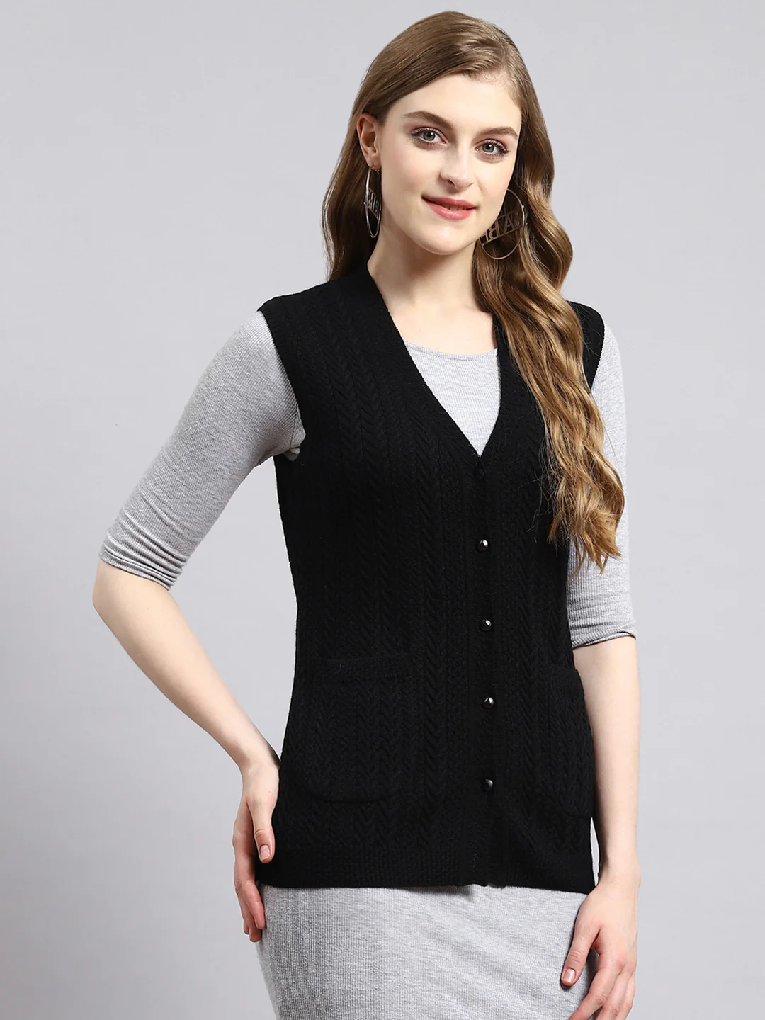 Women Black Self Cardigan - Image 2