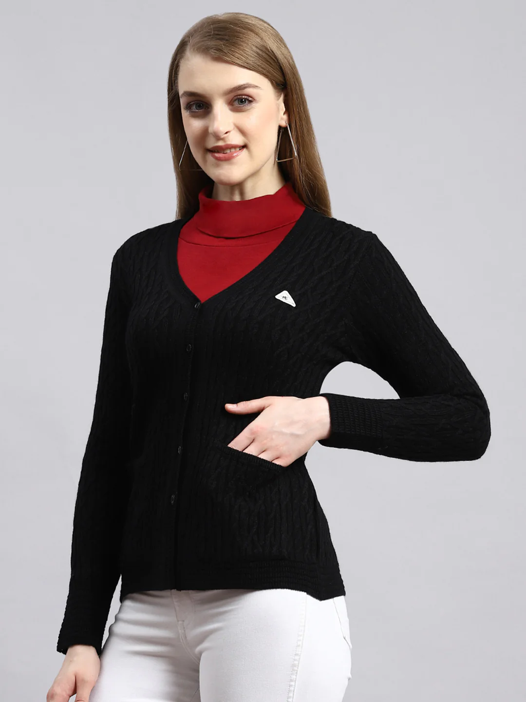Women Black Self Cardigan - Image 3