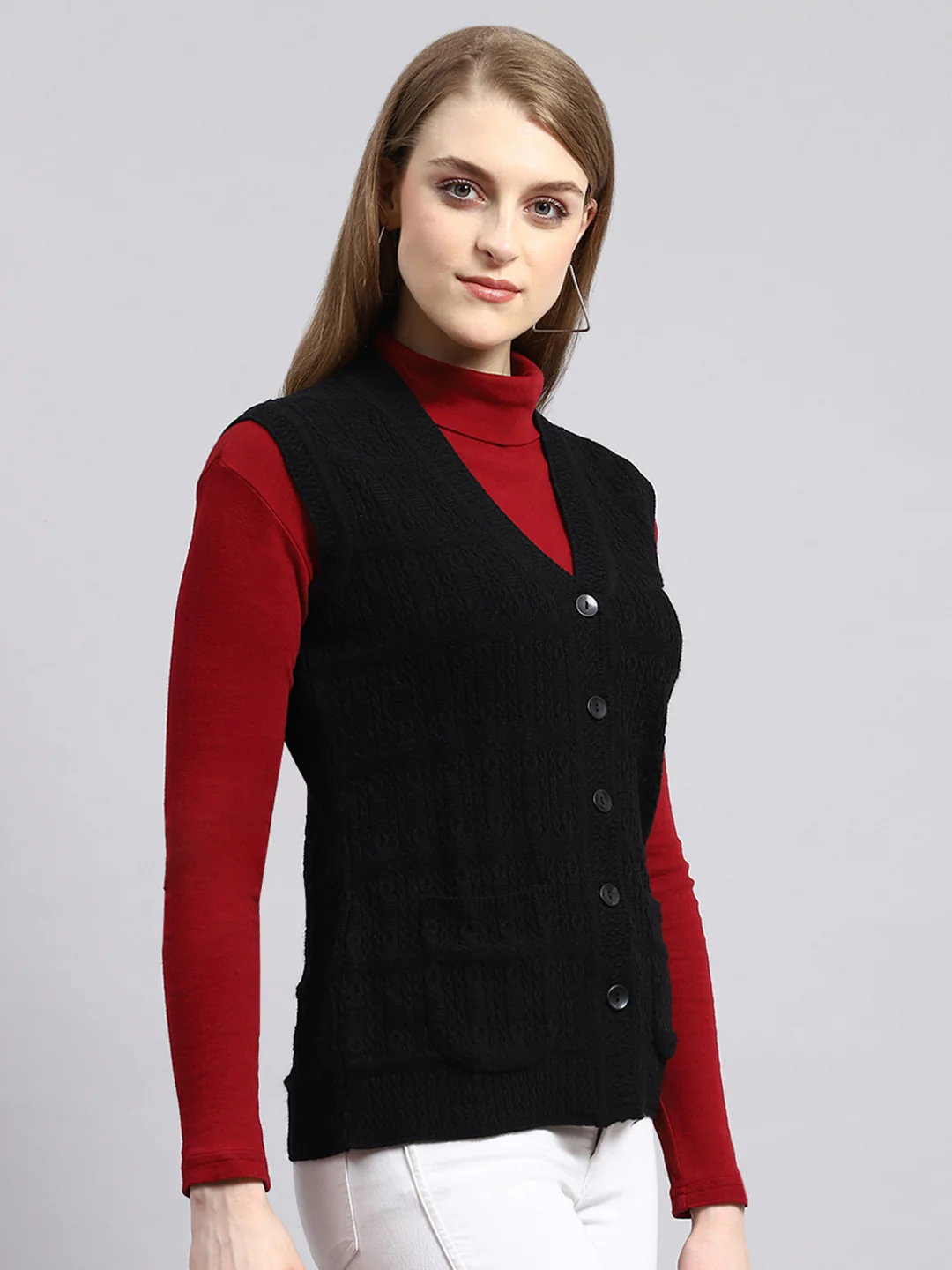 Women Black Self Cardigan - Image 2