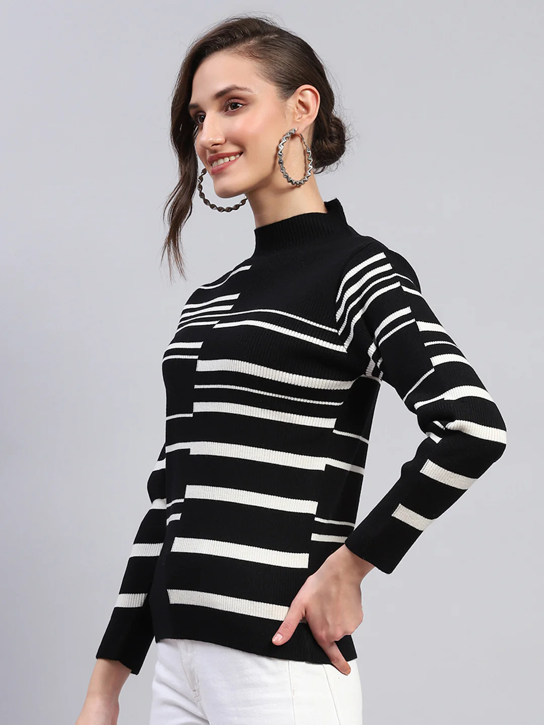 Women Black Self Design Band Collar Full Sleeve Winter Tops - Image 3