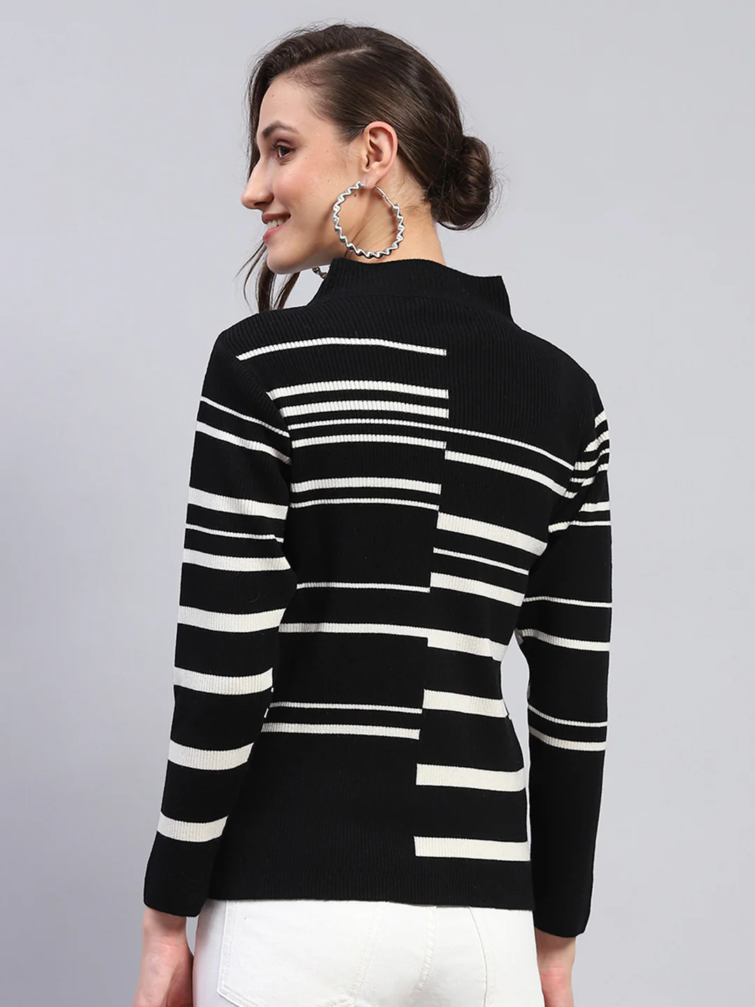 Women Black Self Design Band Collar Full Sleeve Winter Tops - Image 5