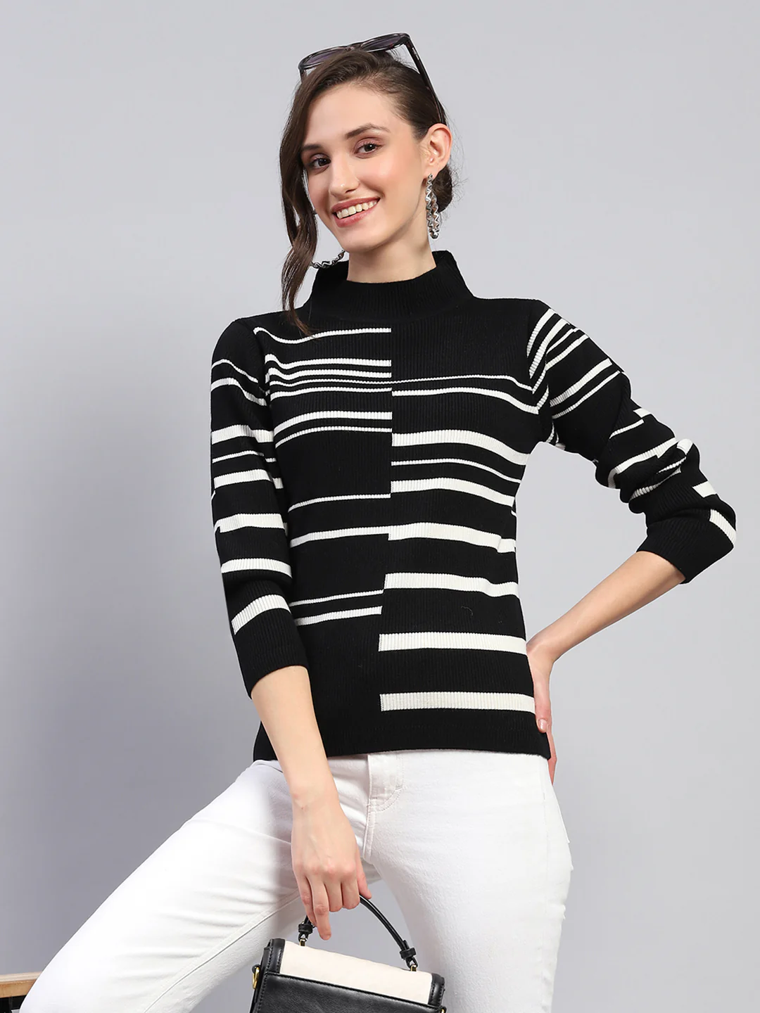 Women Black Self Design Band Collar Full Sleeve Winter Tops - Image 6
