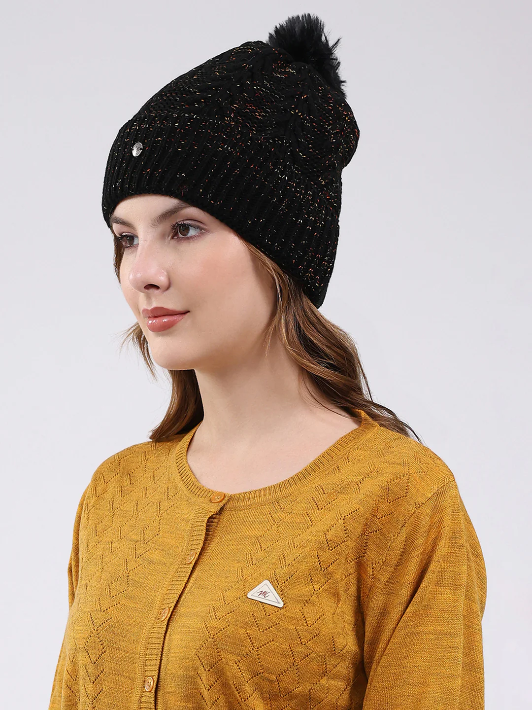 Women Black Self Design Blend Wool Cap - Image 3