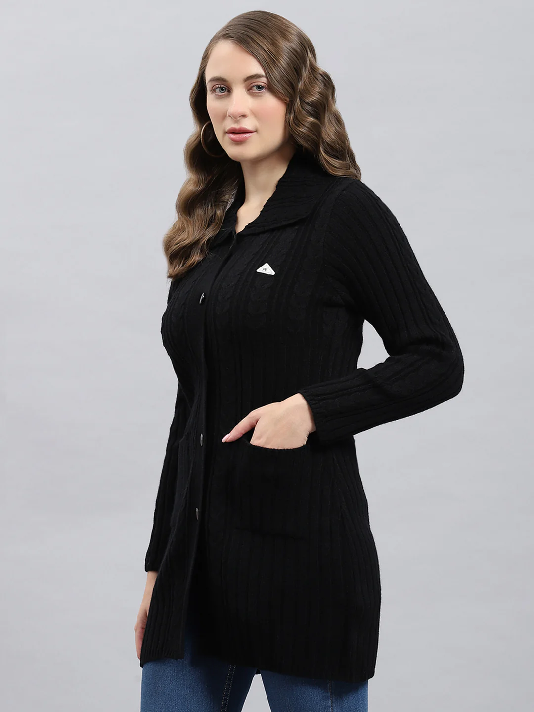 Women Black Self Design Collar Full Sleeve Cardigan - Image 2
