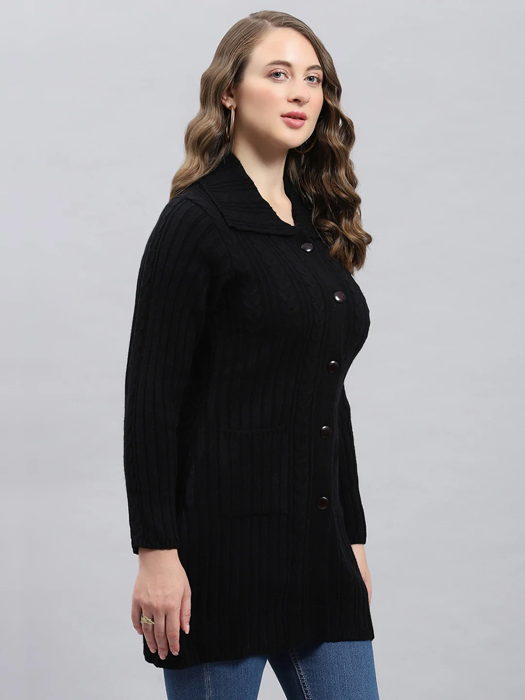 Women Black Self Design Collar Full Sleeve Cardigan - Image 3