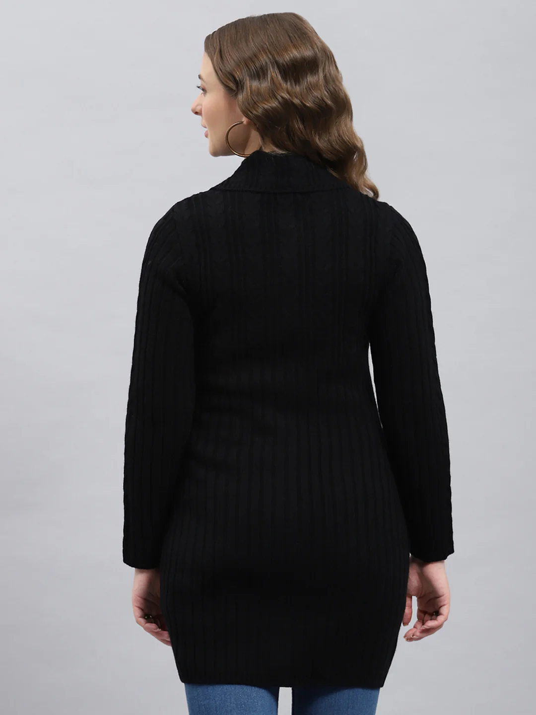 Women Black Self Design Collar Full Sleeve Cardigan - Image 4