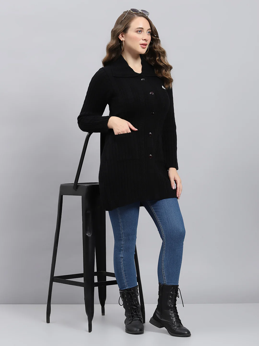Women Black Self Design Collar Full Sleeve Cardigan - Image 5