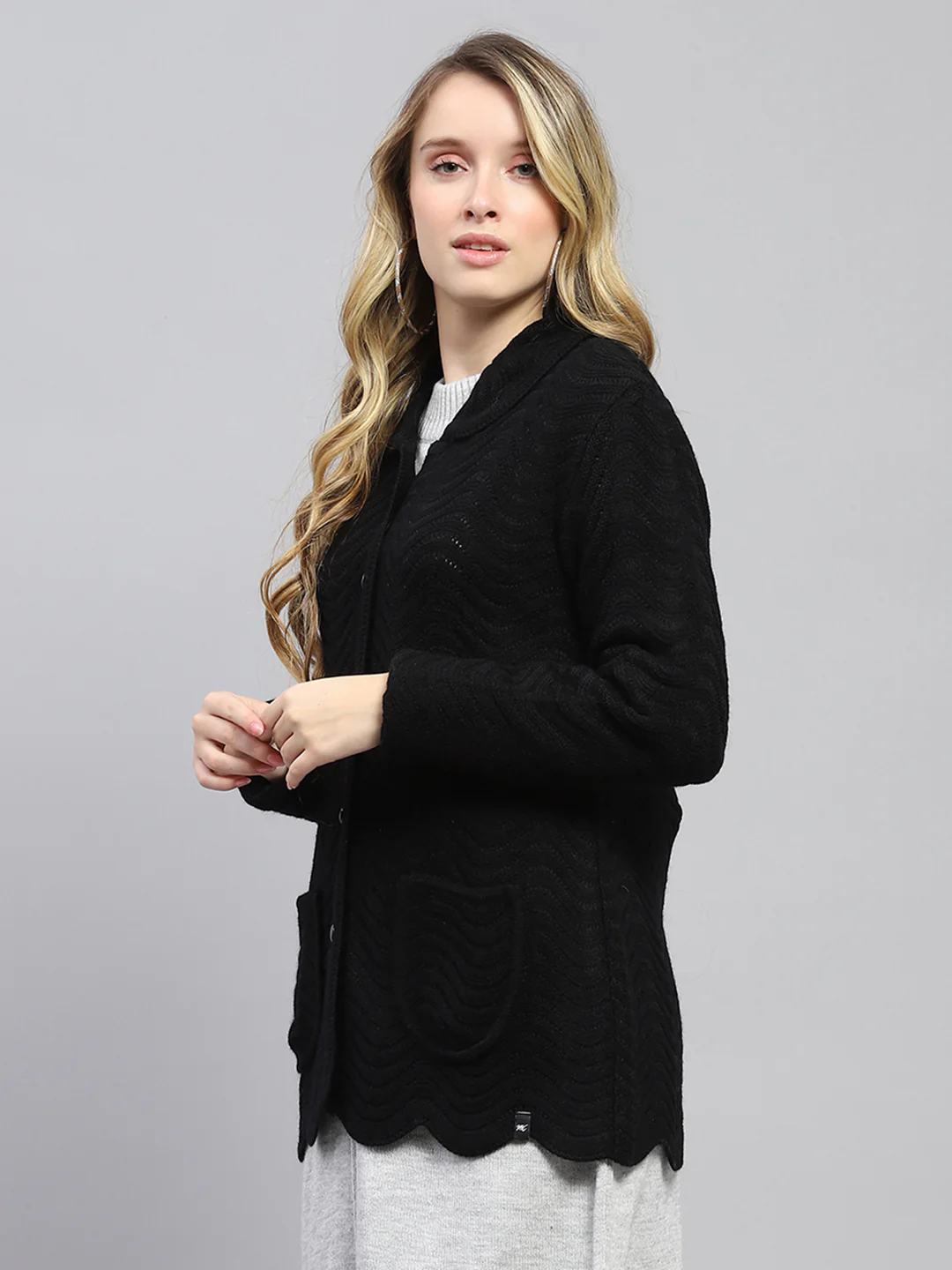 Women Black Self Design Collar Full Sleeve Cardigan - Image 3