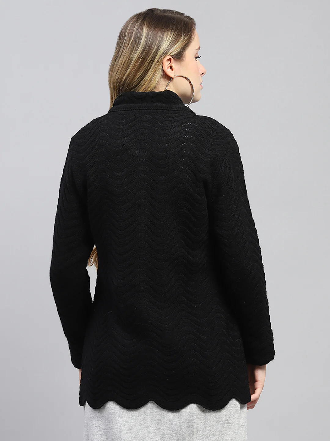 Women Black Self Design Collar Full Sleeve Cardigan - Image 5