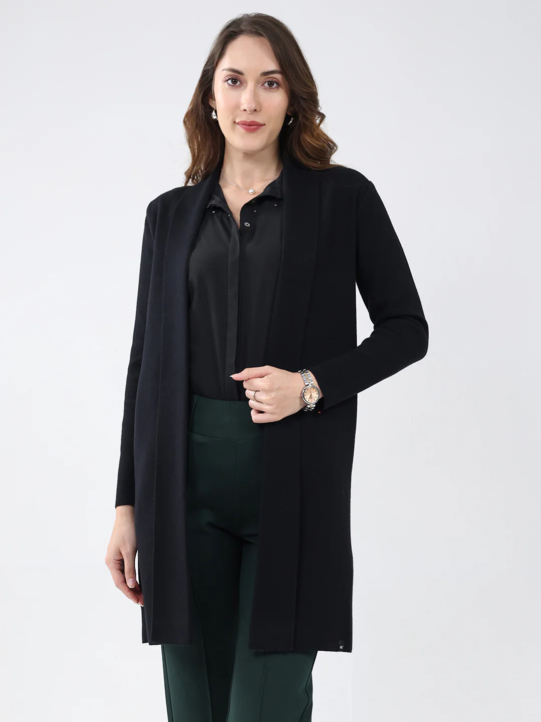 Women Black Self Design Collar Full Sleeve Cardigan