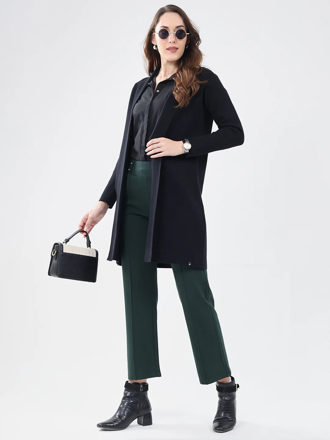 Women Black Self Design Collar Full Sleeve Cardigan - Image 2