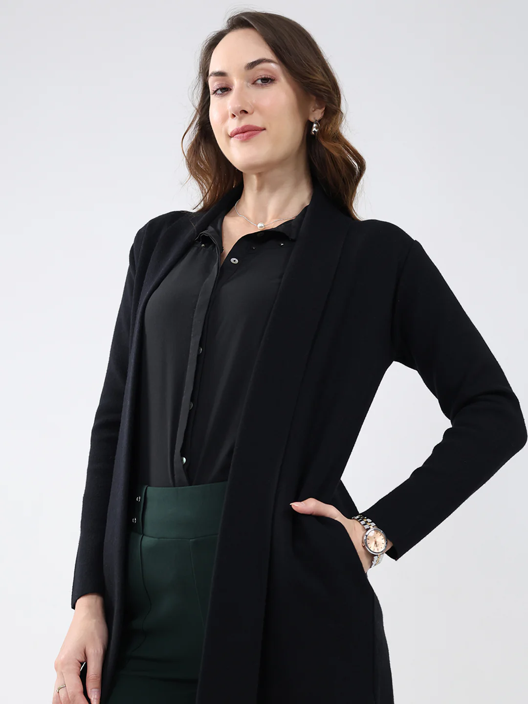 Women Black Self Design Collar Full Sleeve Cardigan - Image 7