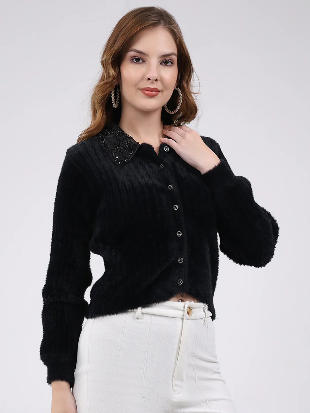 Women Black Self Design Collar Full Sleeve Cardigan - Image 4