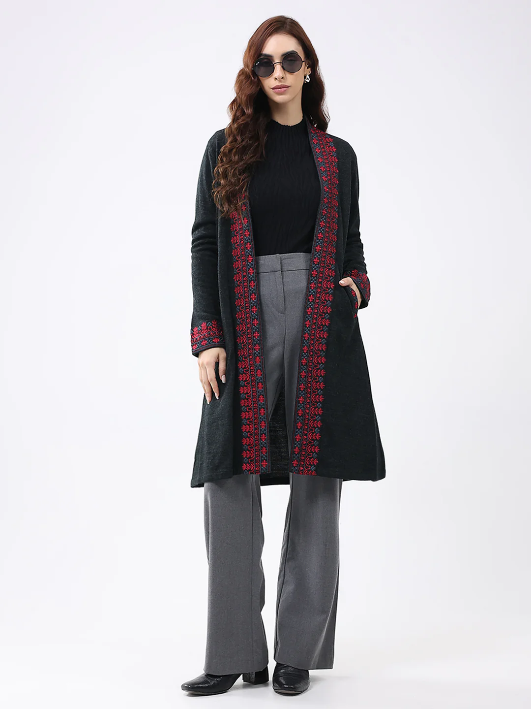 Women Black Self Design Collar Full Sleeve Cardigan - Image 2