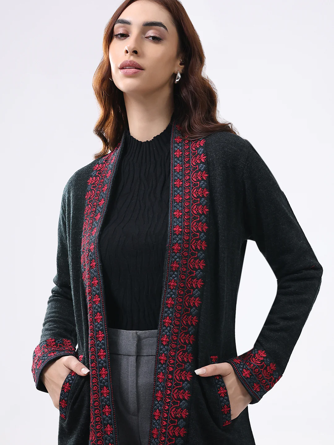 Women Black Self Design Collar Full Sleeve Cardigan - Image 7