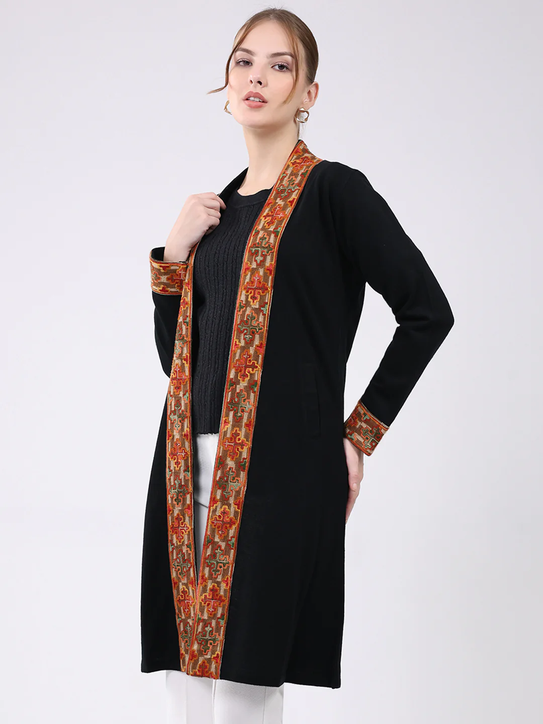 Women Black Self Design Collar Full Sleeve Cardigan - Image 3