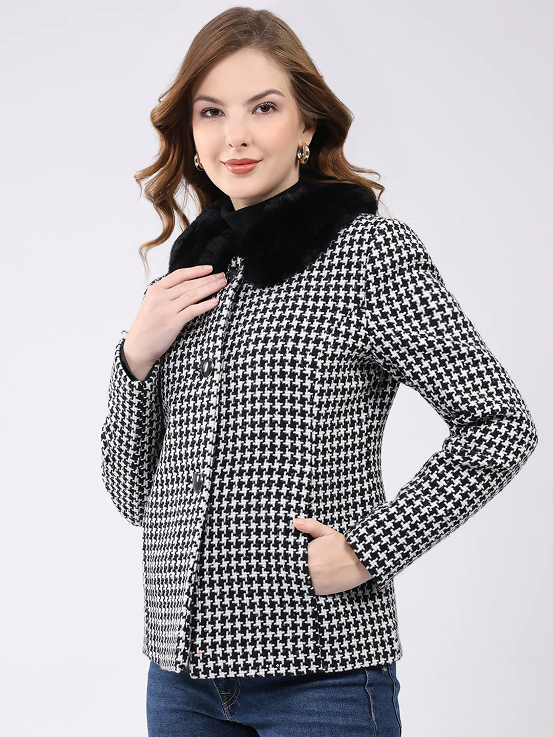 Women Black Self Design Collar Full Sleeve Coat - Image 3