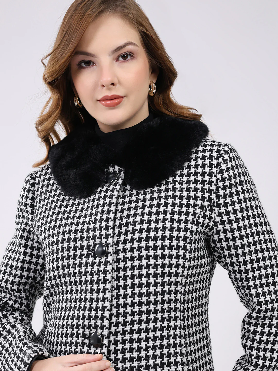 Women Black Self Design Collar Full Sleeve Coat - Image 7