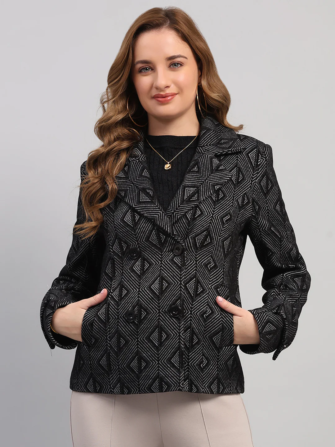 Women Black Self Design Collar Full Sleeve Coat