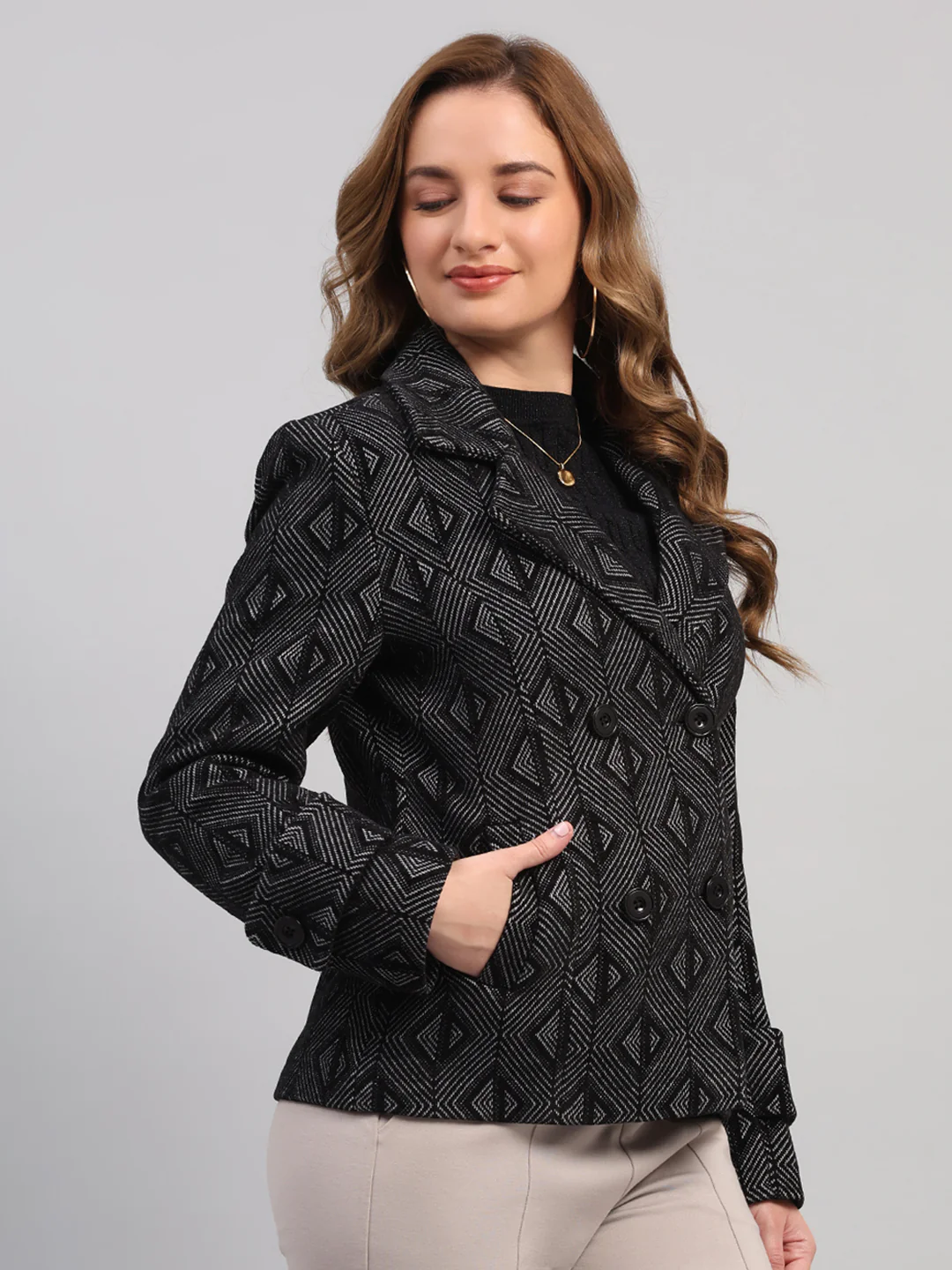 Women Black Self Design Collar Full Sleeve Coat - Image 4
