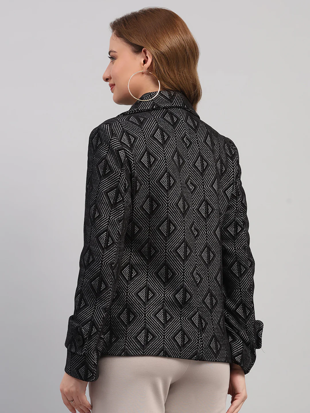 Women Black Self Design Collar Full Sleeve Coat - Image 5