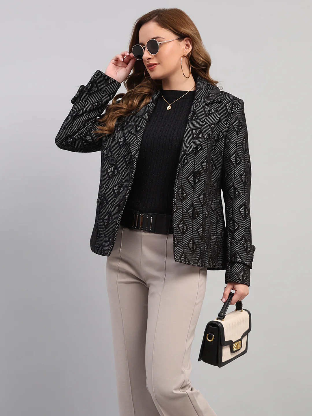 Women Black Self Design Collar Full Sleeve Coat - Image 6