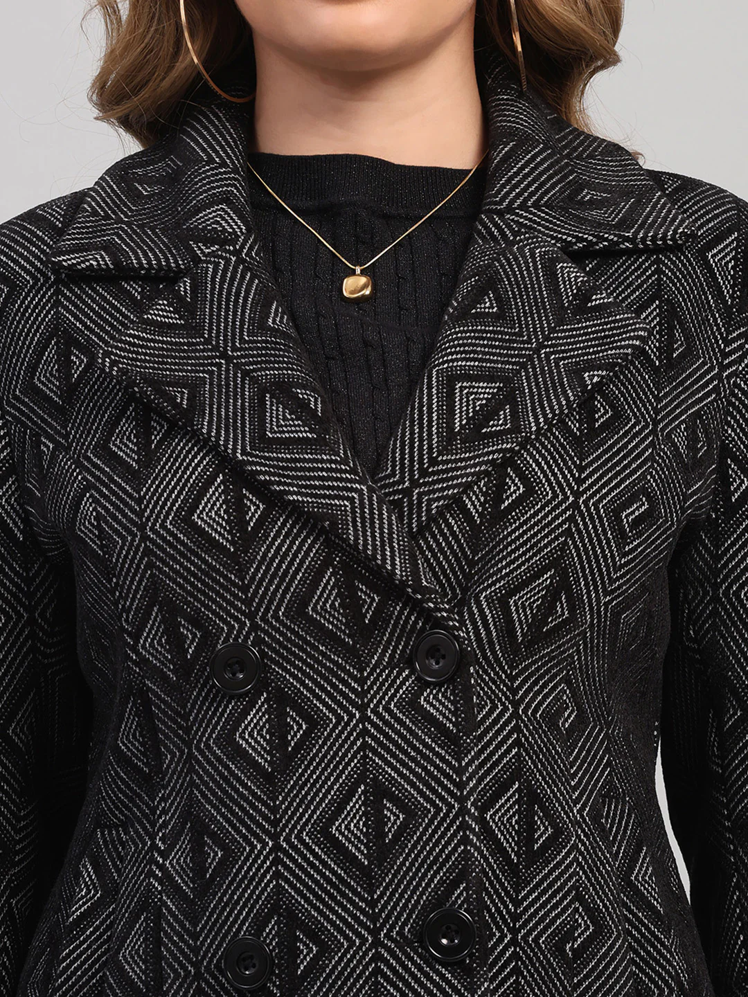 Women Black Self Design Collar Full Sleeve Coat - Image 7