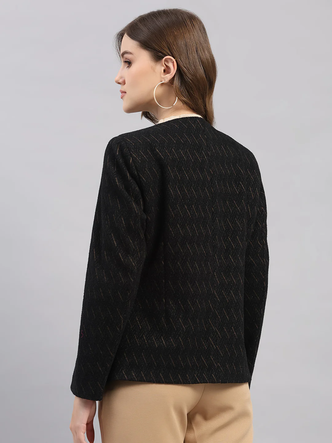 Women Black Self Design Collar Full Sleeve Coat - Image 5