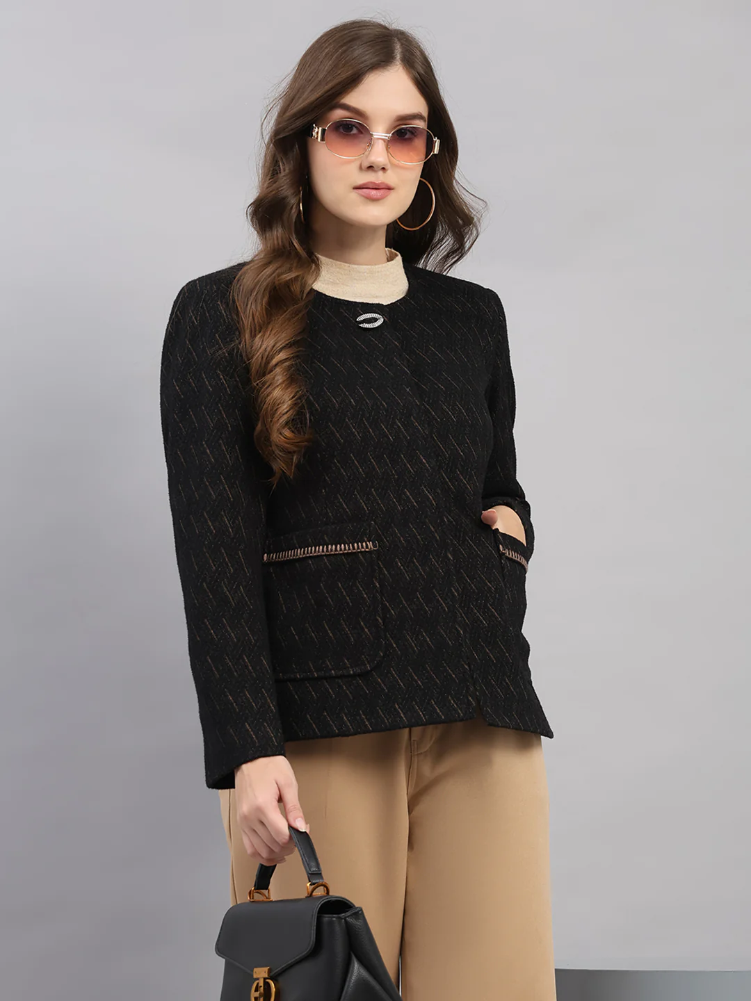 Women Black Self Design Collar Full Sleeve Coat - Image 6