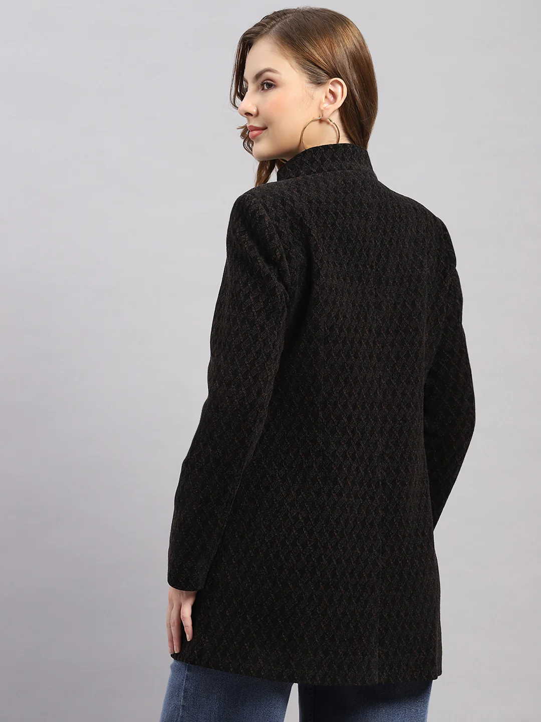 Women Black Self Design Collar Full Sleeve Coat - Image 5
