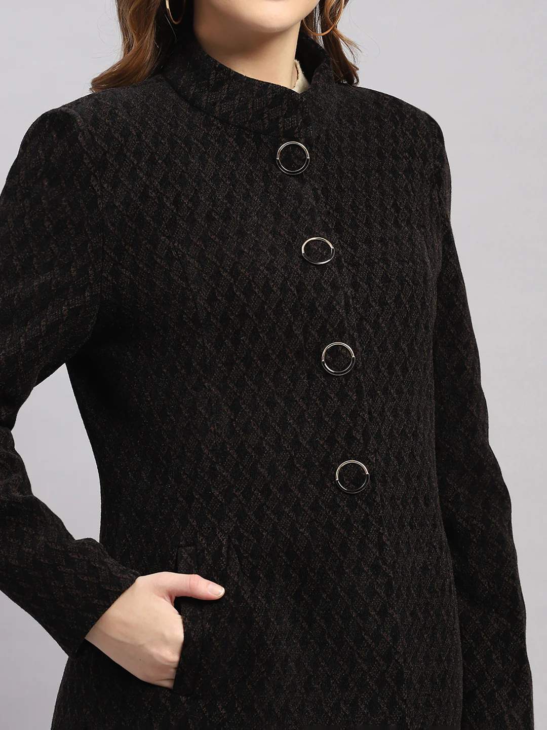 Women Black Self Design Collar Full Sleeve Coat - Image 6
