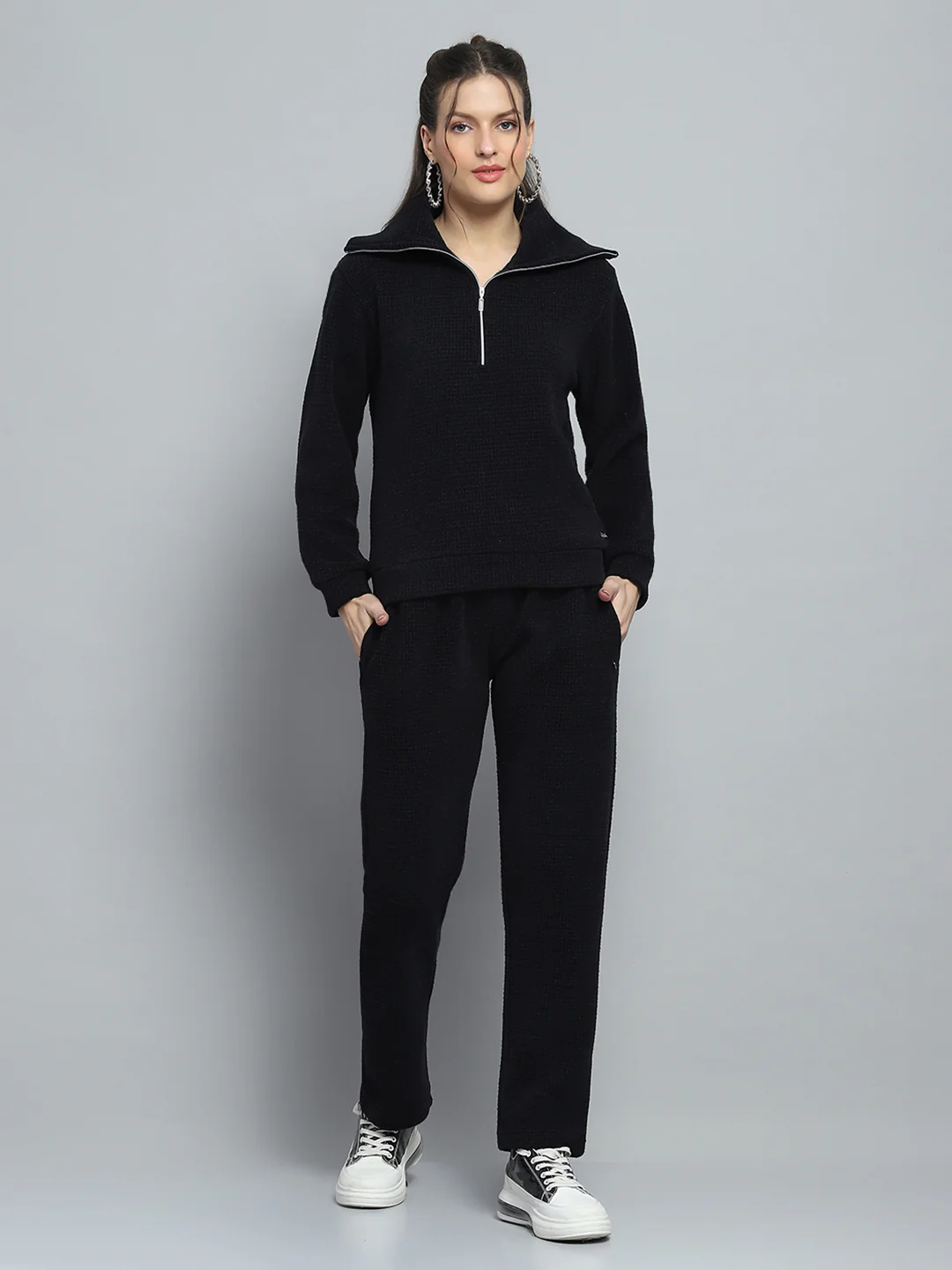 Women Black Self Design Collar Full Sleeve Cords Set